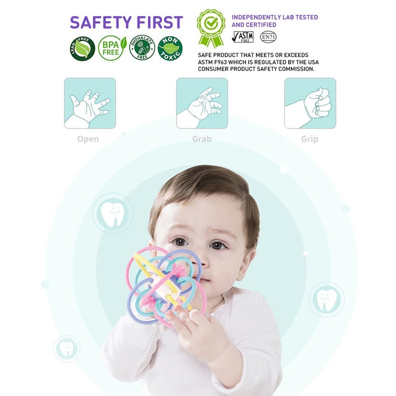 WEofferwhatYOUwant Baby Sensory Teether Ball Soft Rattle Rings for Teething Relief Chewing Grasping BPA Free Newborn Infant Toy 0-6 Months Montessori Soothing Portable Developmental Toy - Image 5